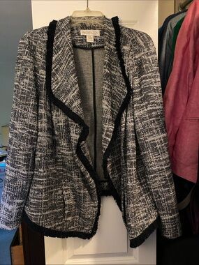 Rachel Zoe Navy and White Tweed Fringe-Trim Open Front Jacket
